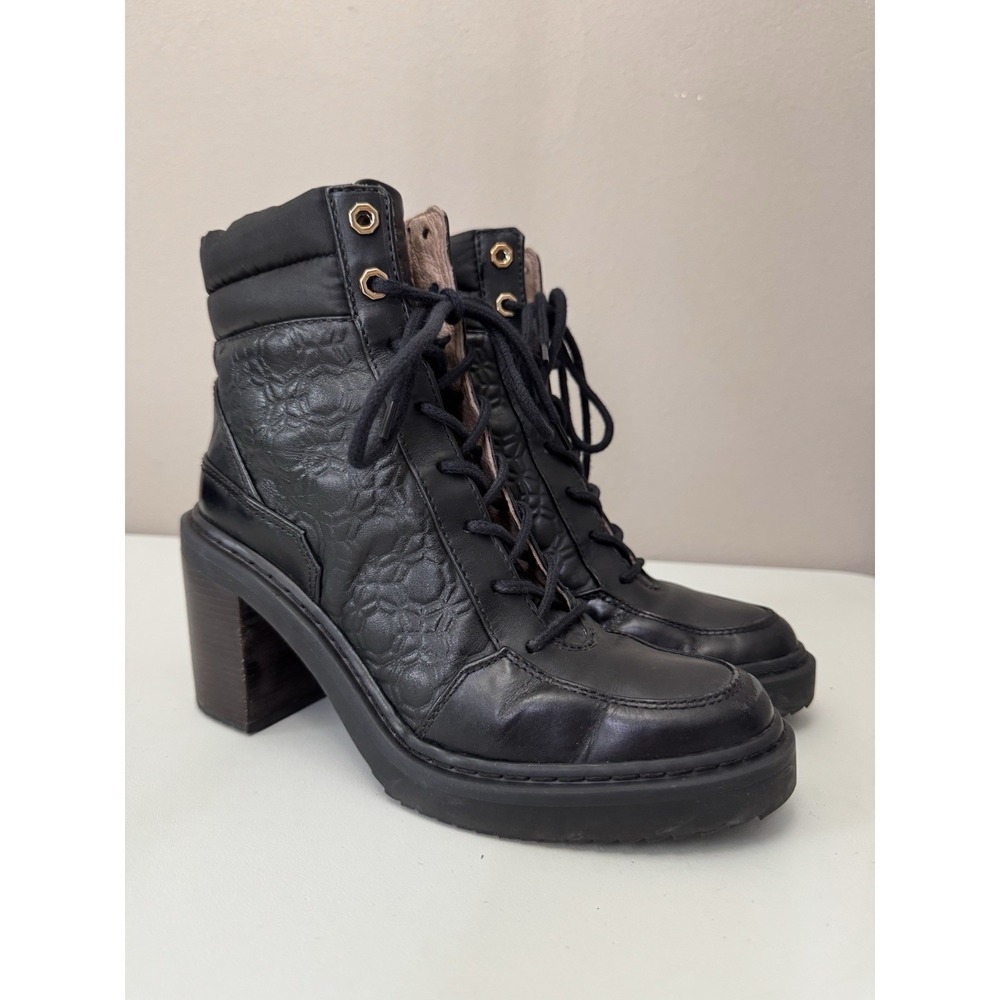 LOUISE Heel Boots Womens 7.5 Vamba Black Leather Ankle Chunky Combat Moto Biker